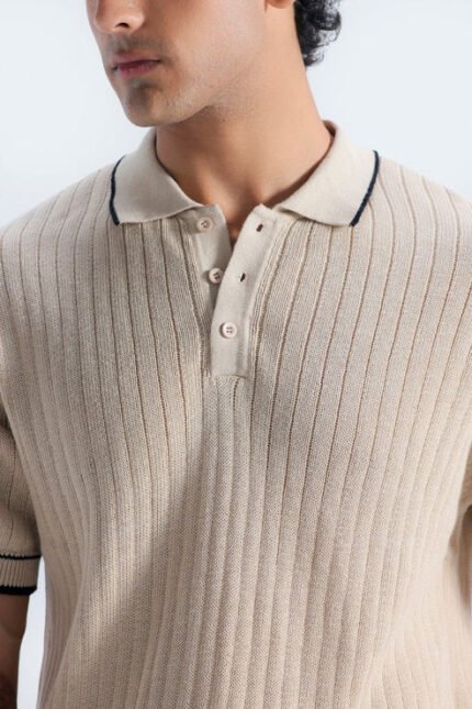 Ribbed Polo Shirt With Tipping Detail